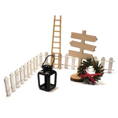  Miniatyr-set - Lykta, stege, skylt, staket, julkrans