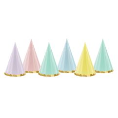  Pastellfärgade partyhattar med guldkant, 6-pack