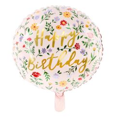  Rund folieballong - Happy Birthday, blommor, 35cm