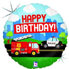  Folieballong - Utryckningsfordon - Happy Birthday, 46cm