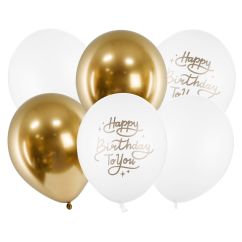  Ballongset - Vit/guld, Happy Birthday - 6-pack
