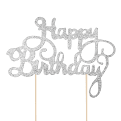  Tårtdekoration - Happy Birthday, Silver glittrig