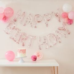  Folieballong - Happy Birthday, transparenta, roséfärgad konfetti