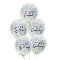  Konfettiballonger med blad - Happy Birthday, 5-pack