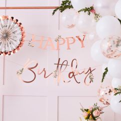  Roséfärgad banderoll - Happy Birthday, blommor