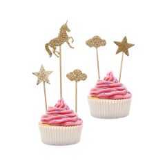  Cake Picks - Unicorn, Guldglitter, 5-pack
