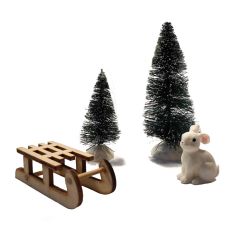  Miniatyr-set - Kanin, släde och granar