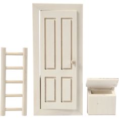 Miniatyr - Dörr, stege och brevåda i trä