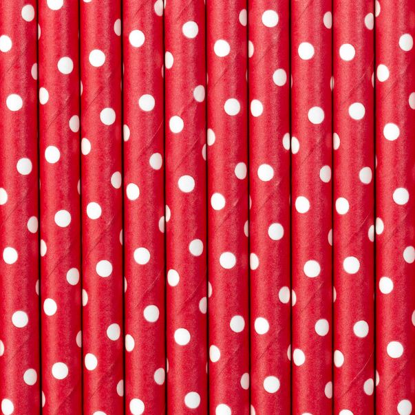  Röda papperssugrör - Vita prickar, 10-pack